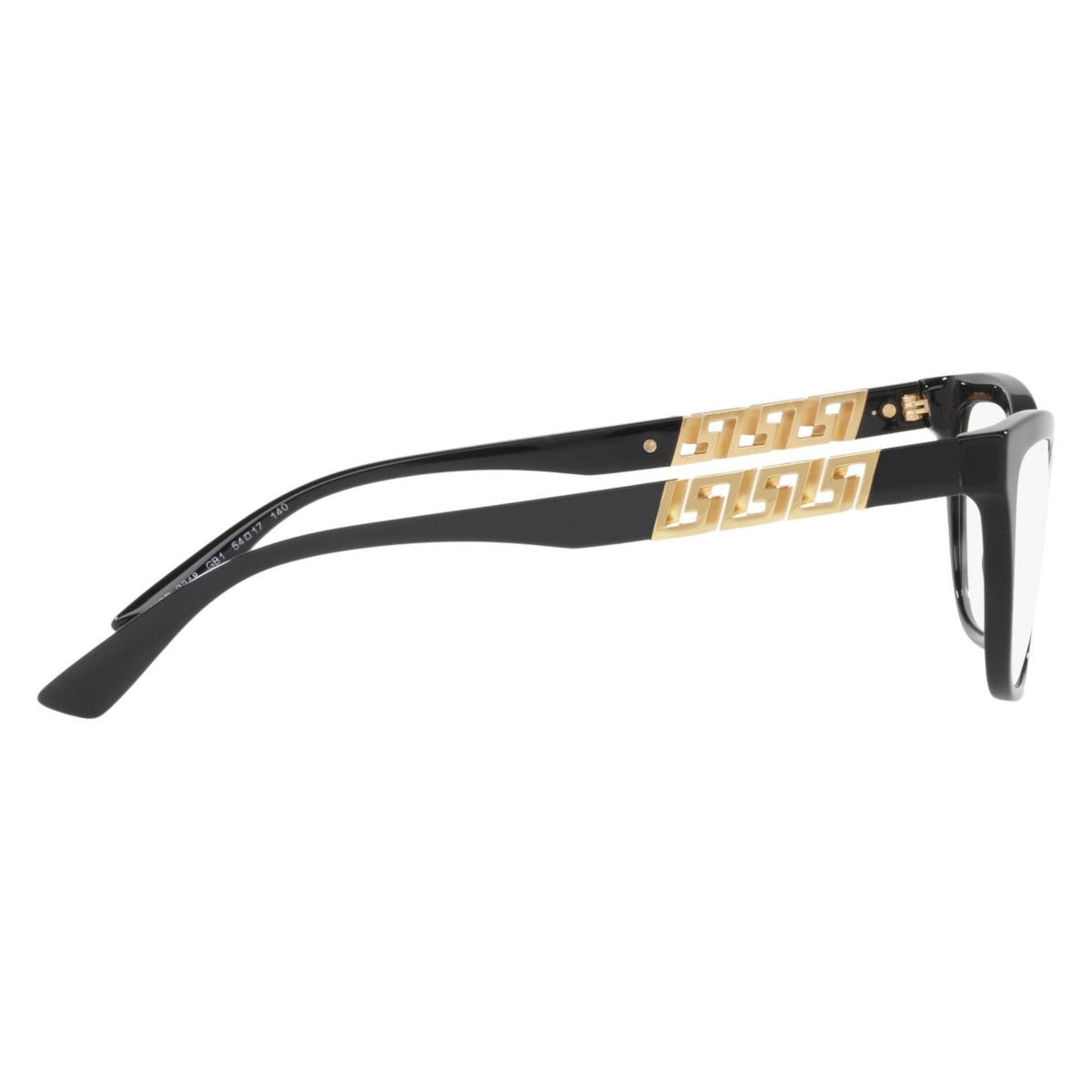 Versace VE3318 black square eyeglasses, side view of the temple