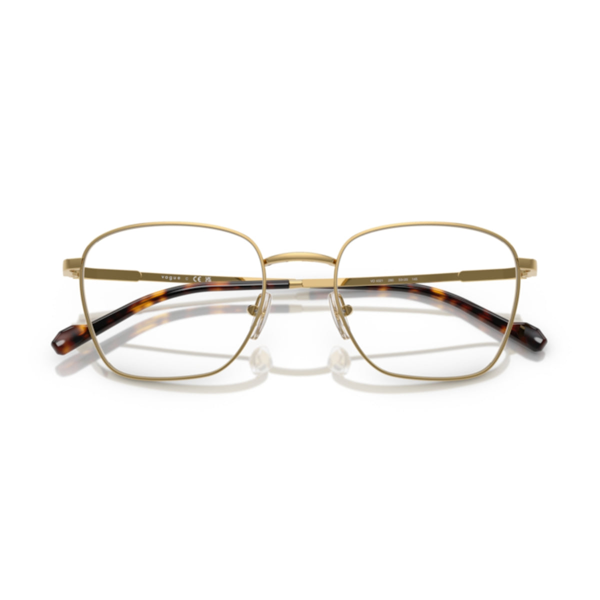 Vogue VO4321 gold square eyeglasses, front view with the temples folded
