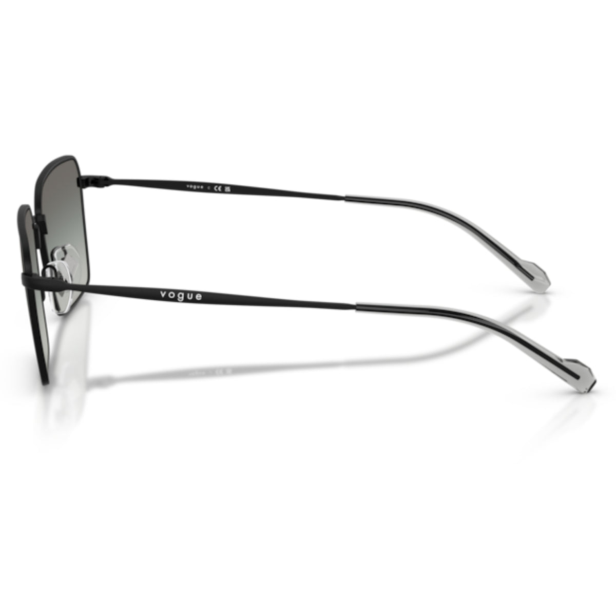 Vogue VO4338SI matte black square sunglasses, side view of the matte black temple