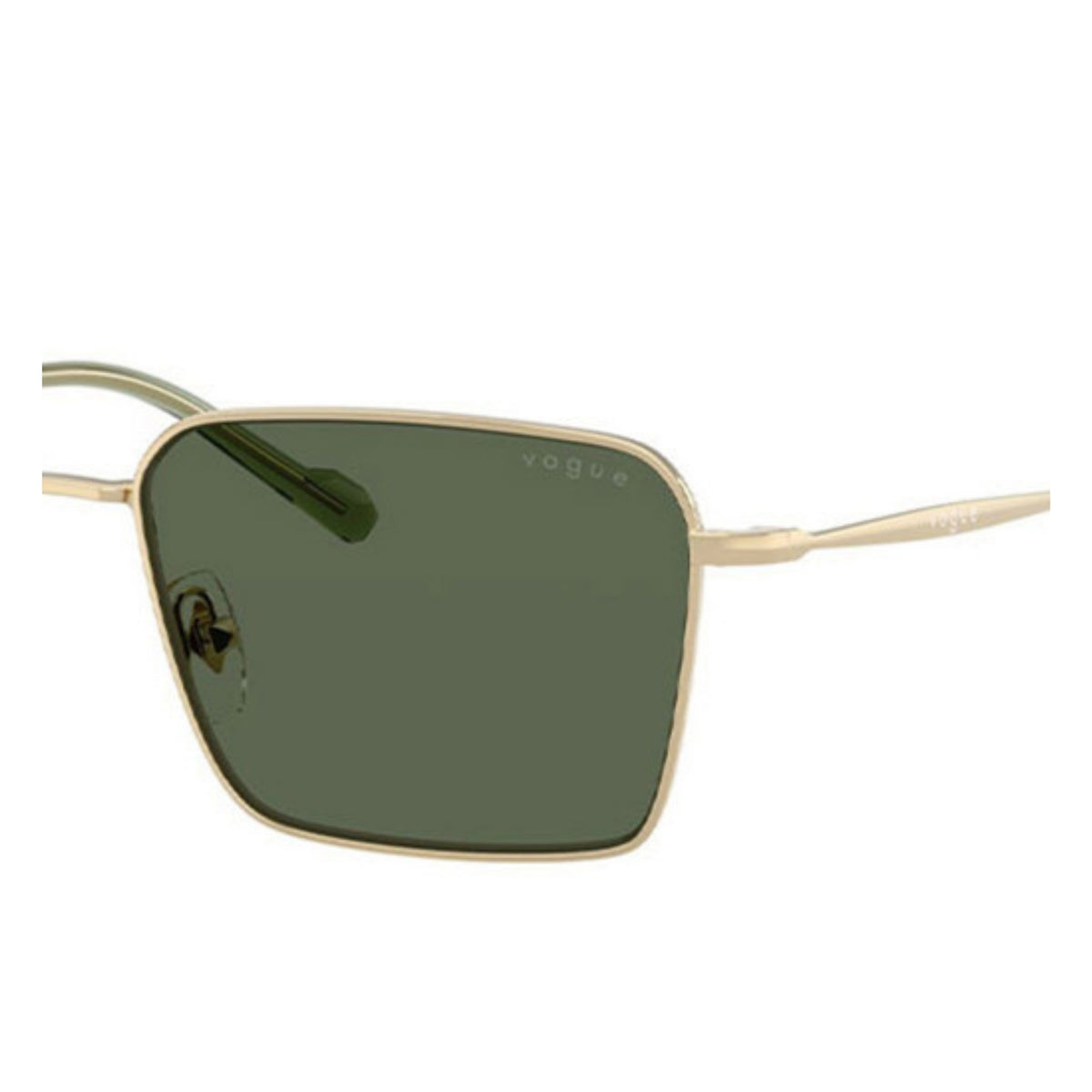 Close-up of the Vogue logo on the temple of the VO4338SI gold square sunglasses
