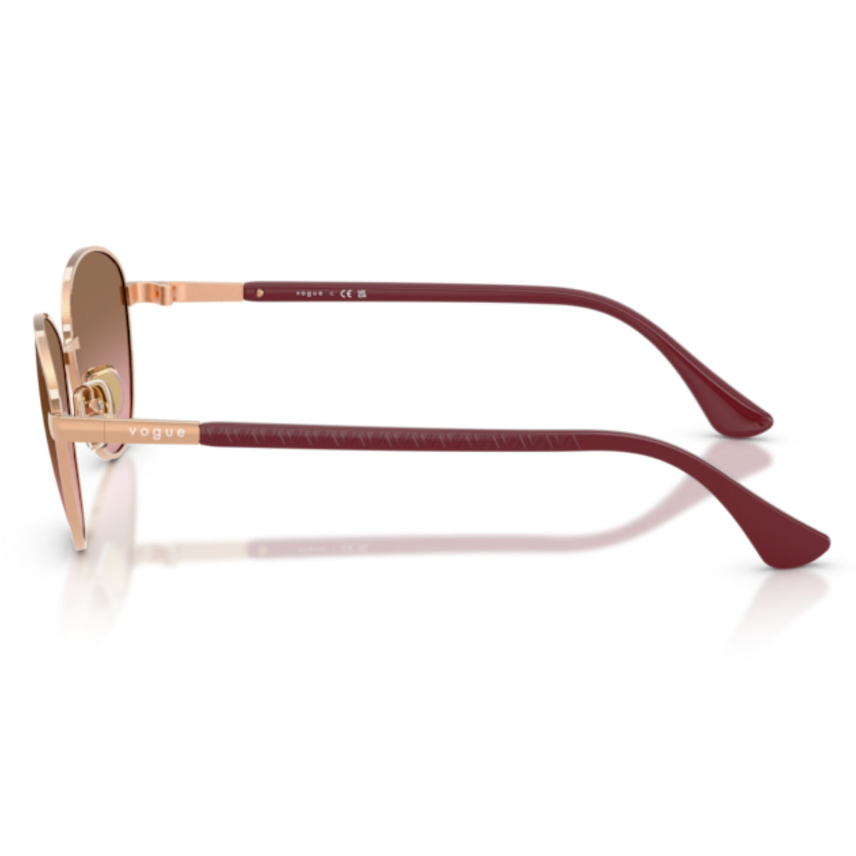 Vogue VO4360SI rose gold cat-eye sunglasses, side view of the burgundy temple