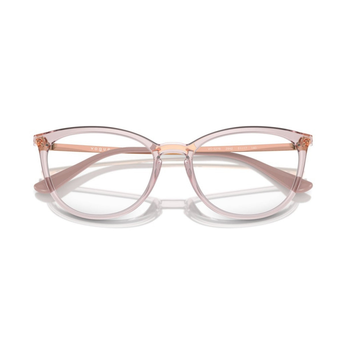 Vogue VO5276 transparent pink oval eyeglasses, front view with the temples folded