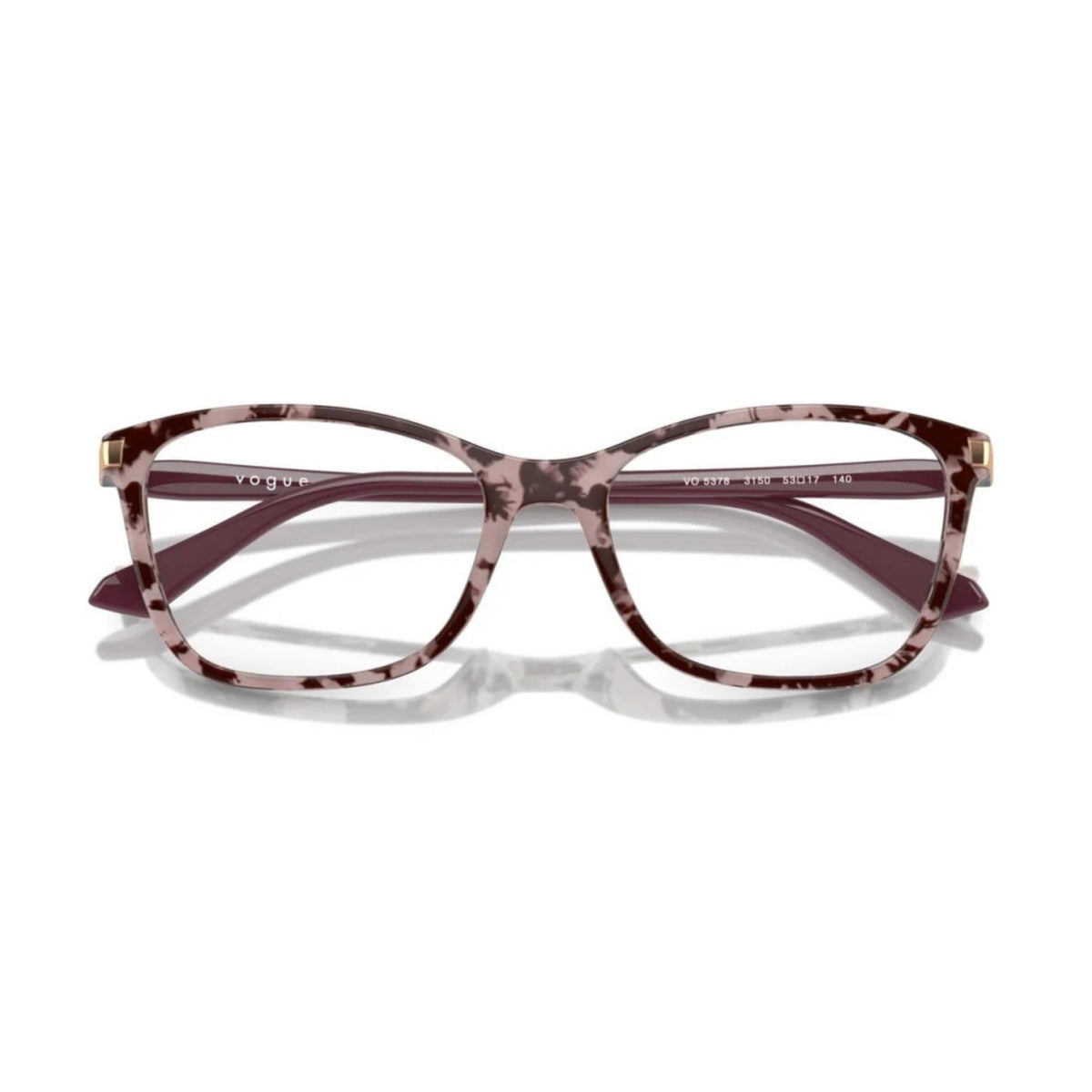 Vogue VO5378 pink tortoise square eyeglasses, front view with the temples folded