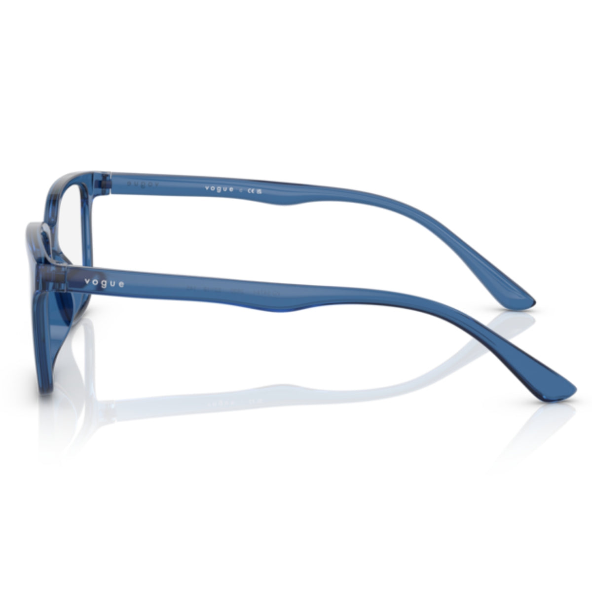 Vogue VO5474I transparent blue rectangle eyeglasses, side view of the transparent blue temple