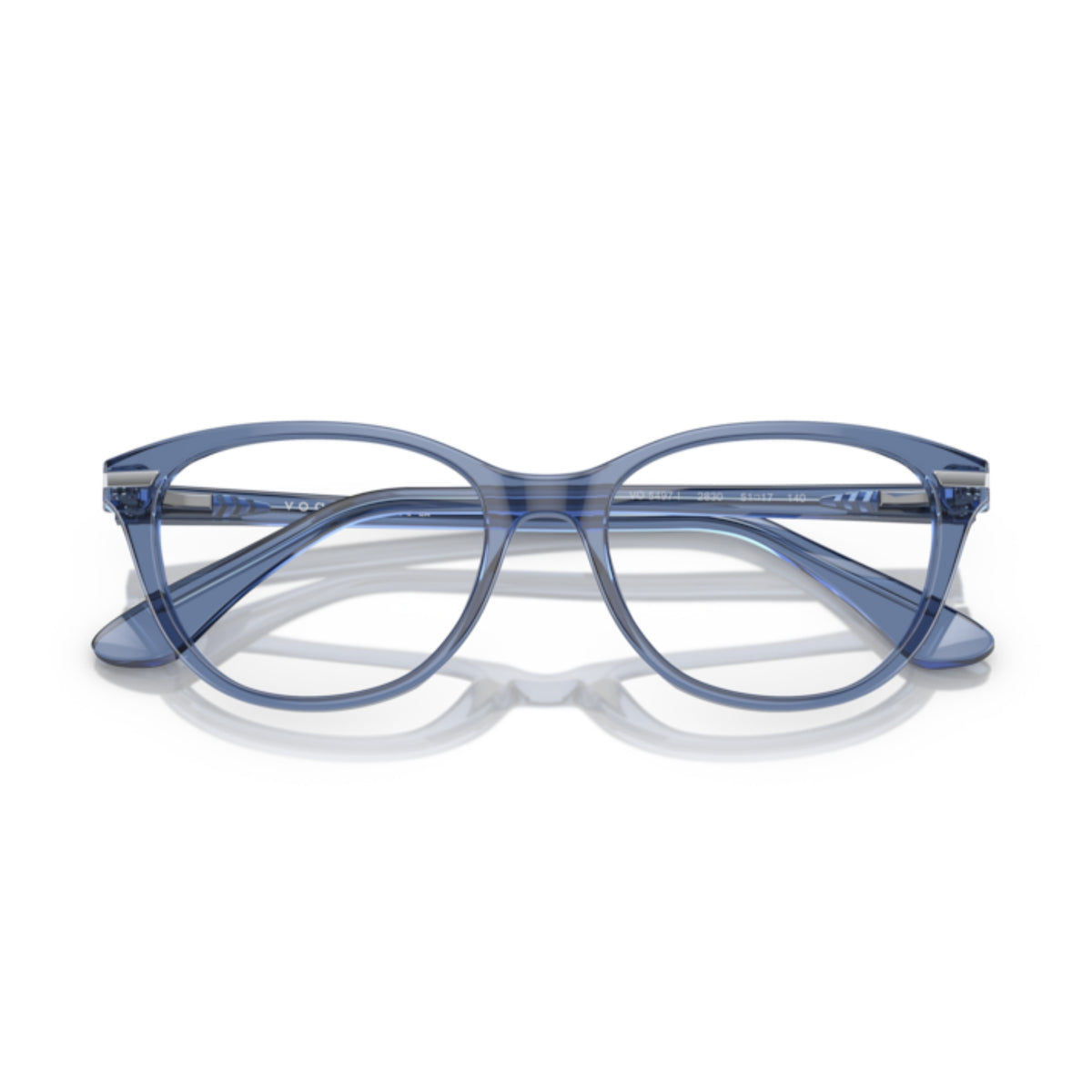 Vogue VO5497I transparent blue oval eyeglasses, front view with the temples folded
