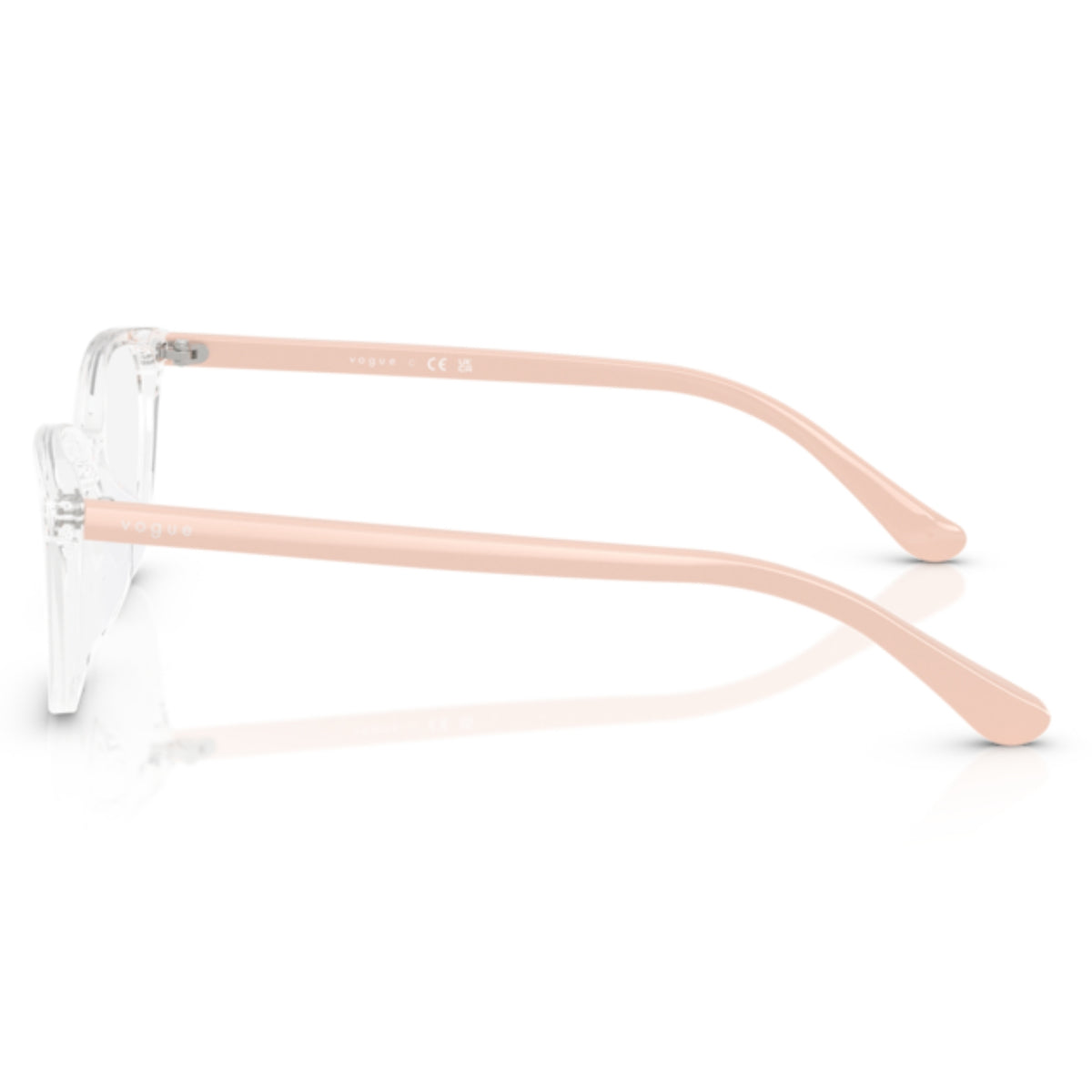 Vogue VO5502D transparent cat-eye eyeglasses, side view of the full pink temple
