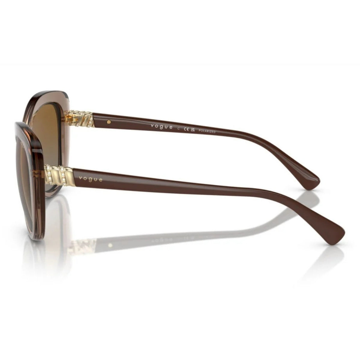 Vogue VO5515SB transparent brown cat-eye sunglasses, side view of the brown temple