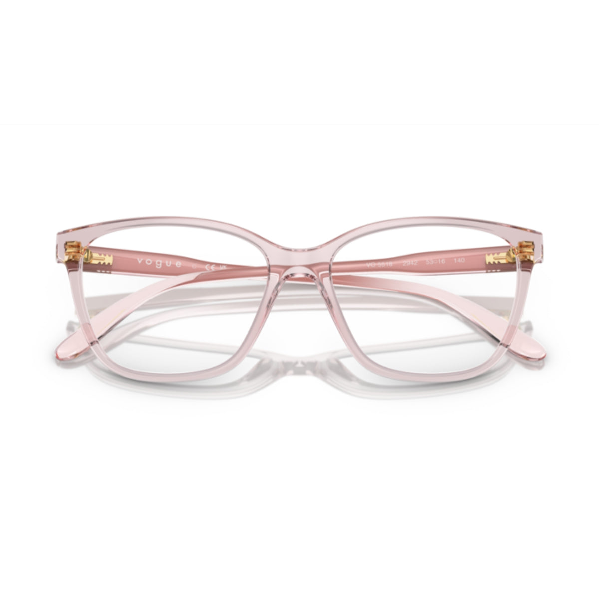 Vogue VO5518 transparent pink square eyeglasses, front view with the temples folded
