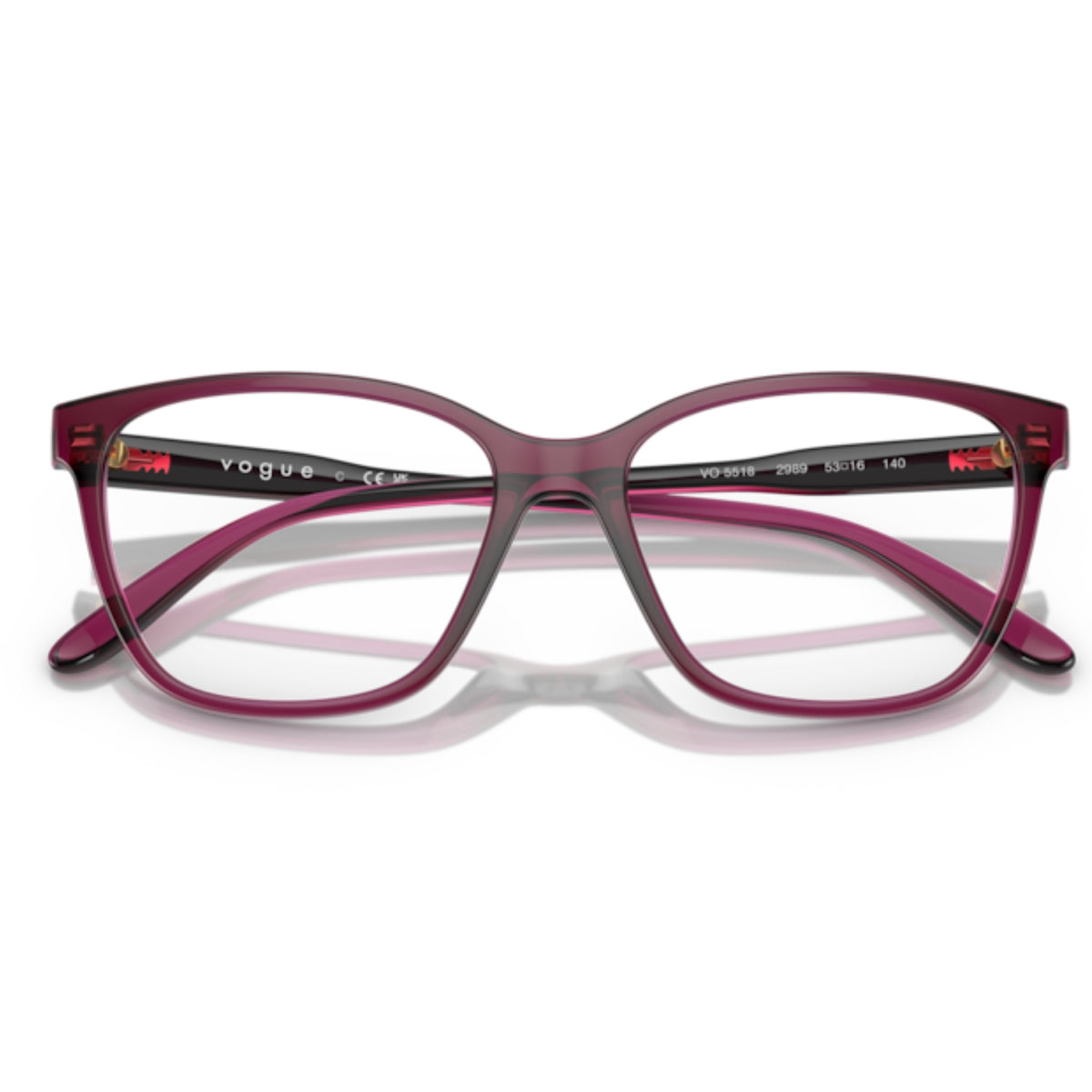 Vogue VO5518 transparent dark cherry square eyeglasses, front view with the temples folded