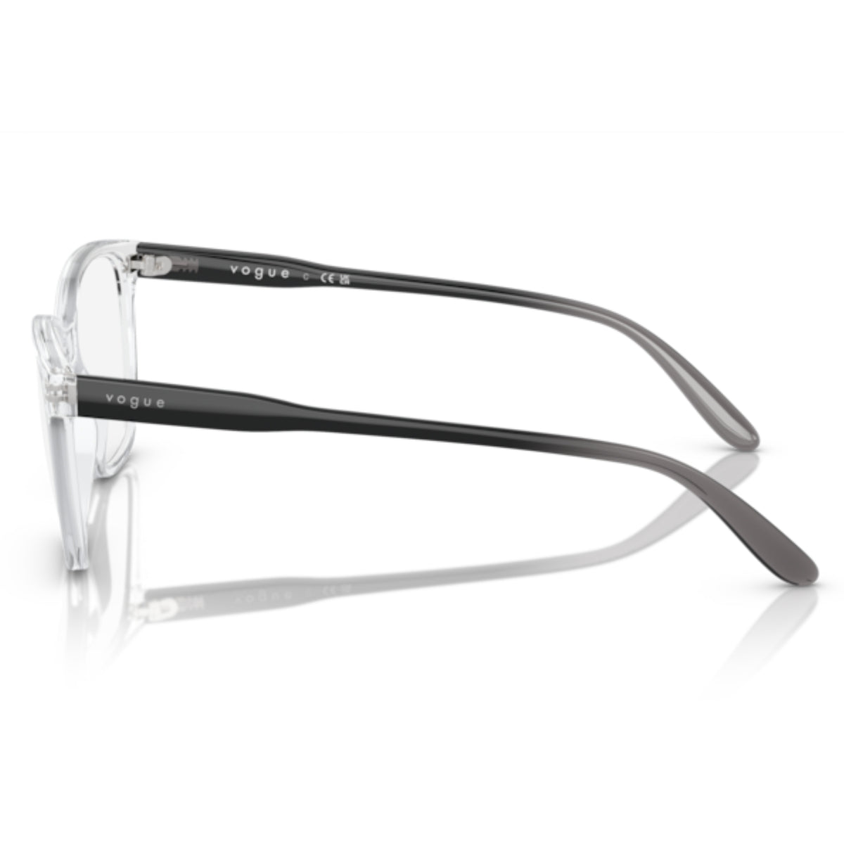 Vogue VO5518 transparent square eyeglasses, side view of the black gradient transparent grey temple