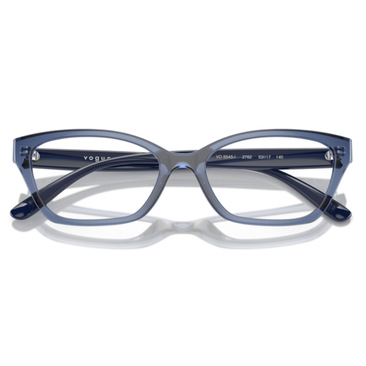 Vogue VO5545I transparent blue cat-eye eyeglasses, front view with the temples folded