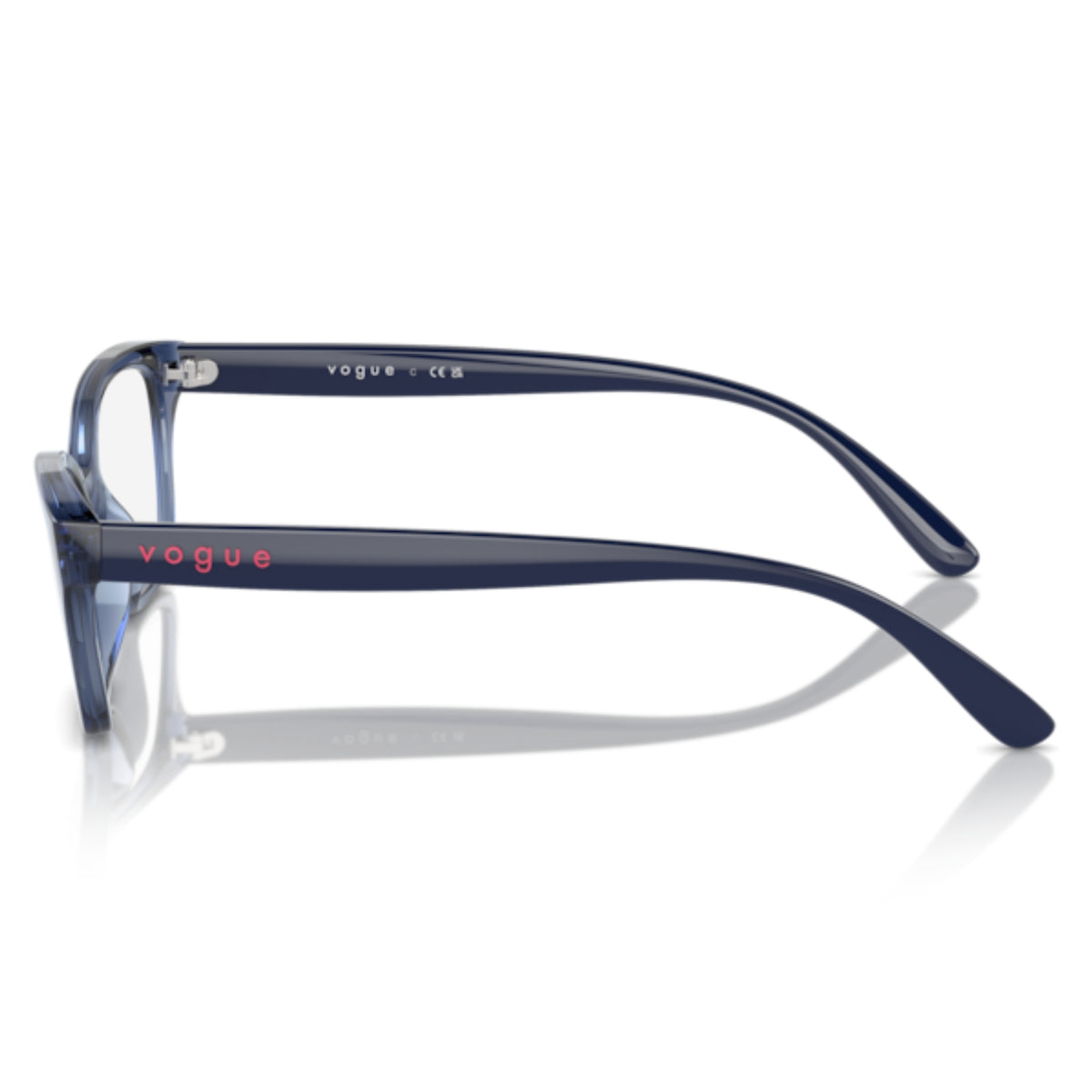 Vogue VO5545I transparent blue cat-eye eyeglasses, side view of the full blue temple
