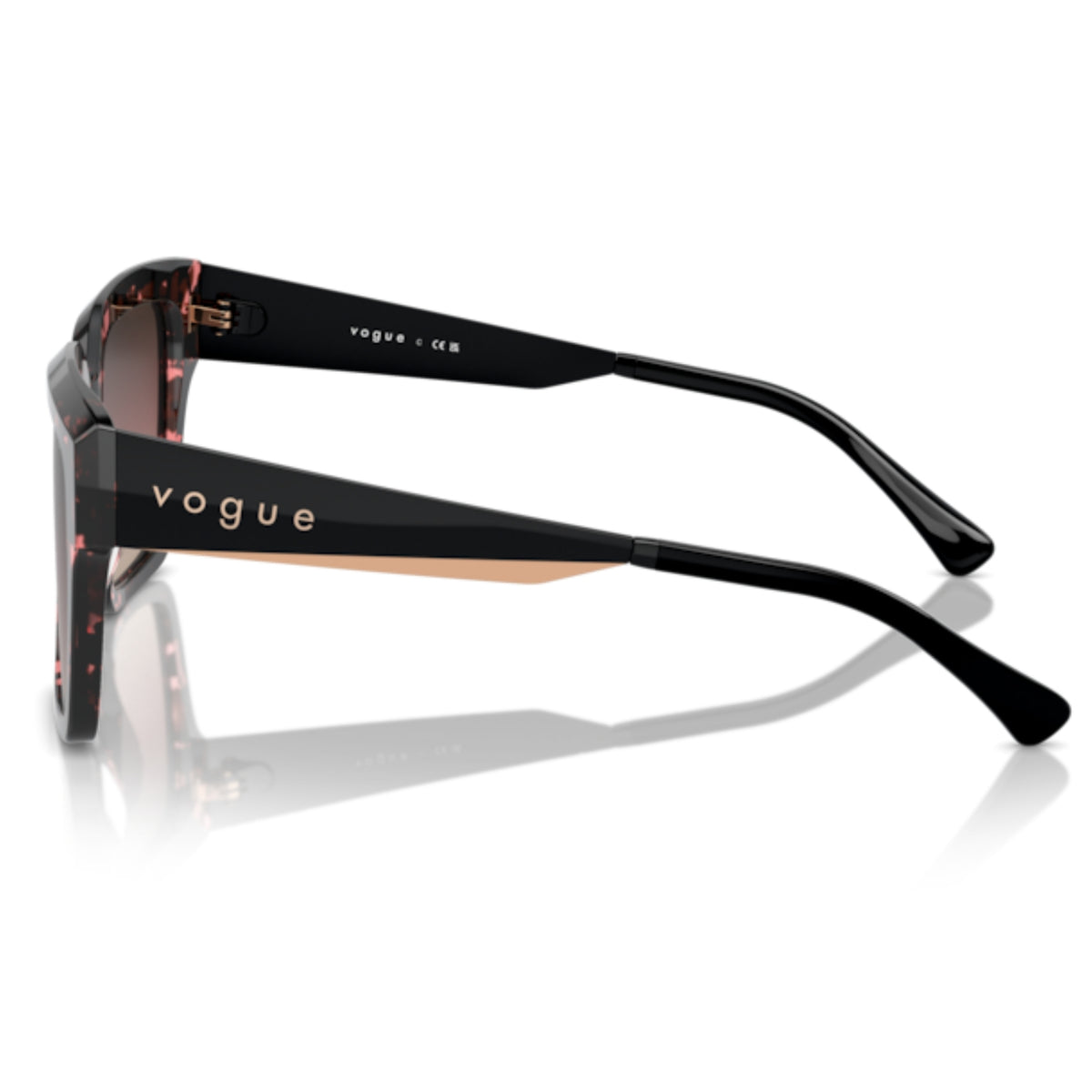 Vogue VO5553S red tortoise square sunglasses, side view of the matte black/rose gold temple