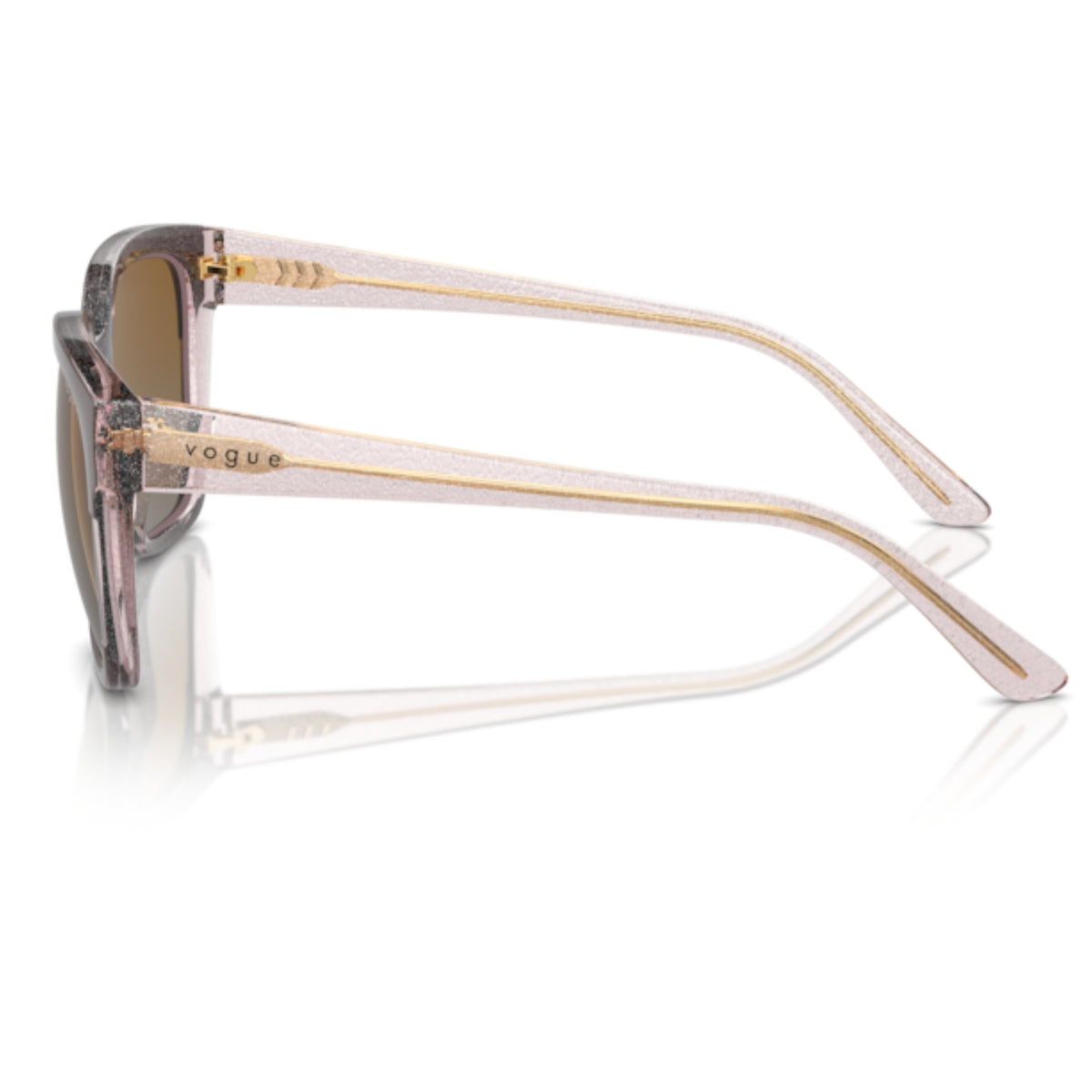 Vogue VO5558S brown/transparent rose glitter square sunglasses, side view of the transparent rose glitter temple