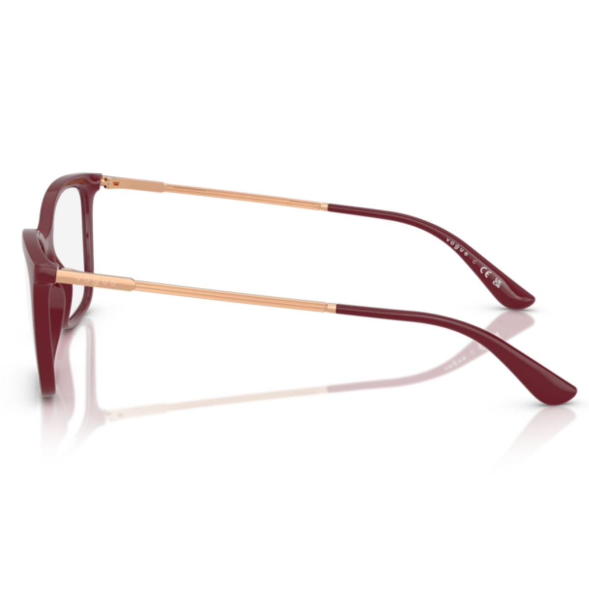 Vogue VO5563 full cherry cat-eye eyeglasses, side view of the rose gold temple