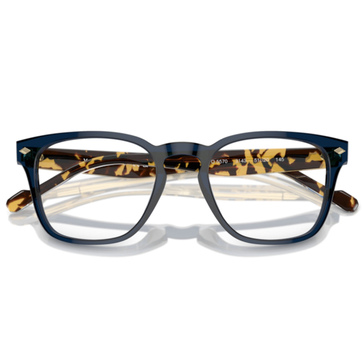 Vogue VO5570 transparent blue square eyeglasses, front view with the temples folded