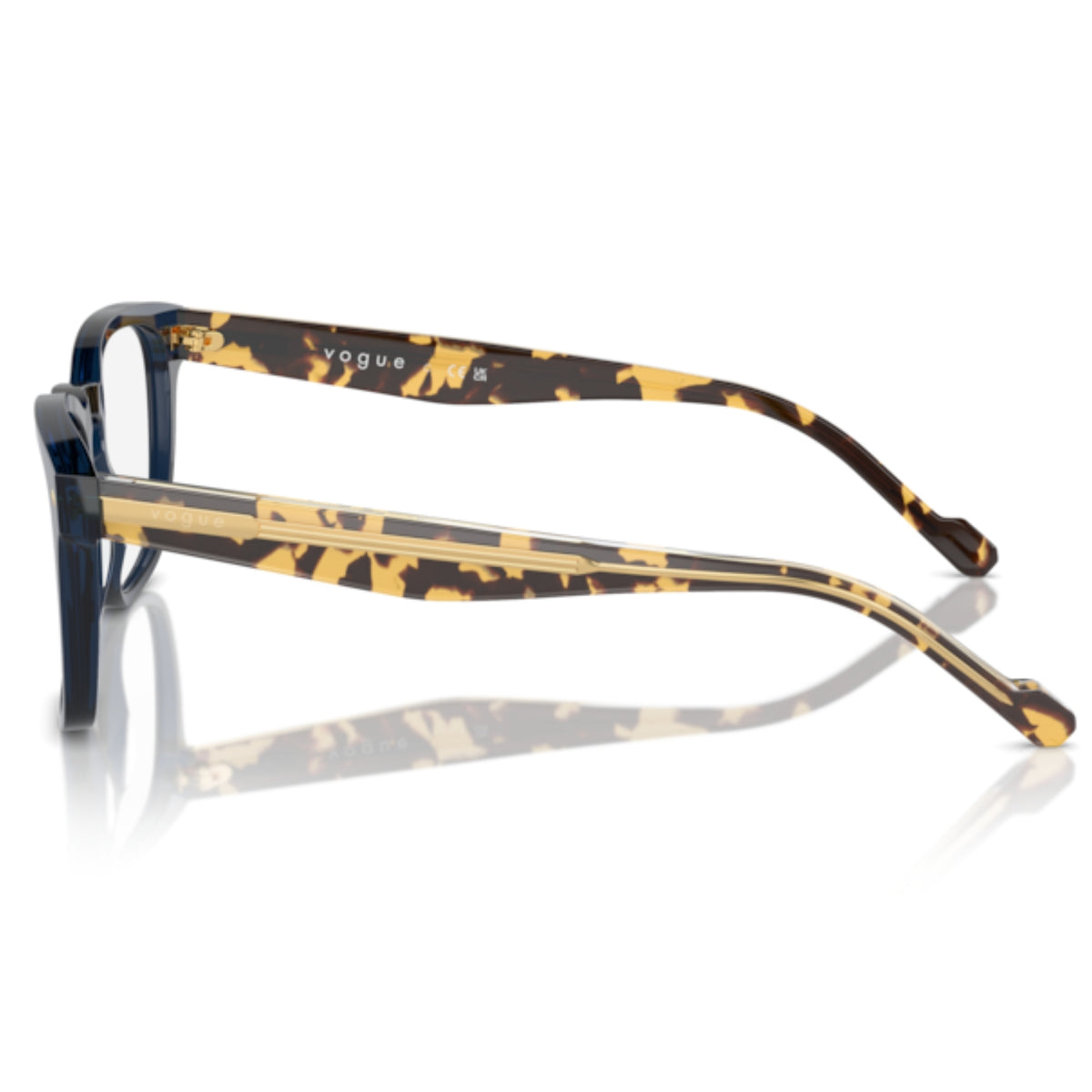 Vogue VO5570 transparent blue square eyeglasses, side view of the top crystal/yellow havana temple