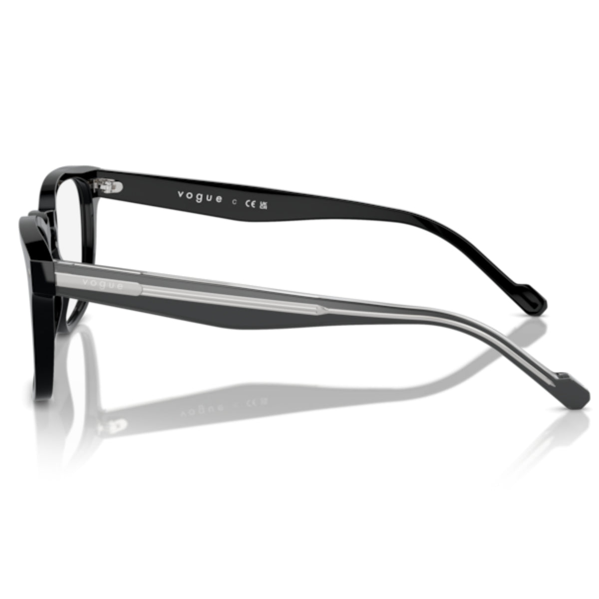 Vogue VO5570 black square eyeglasses, side view of the top crystal/black temple