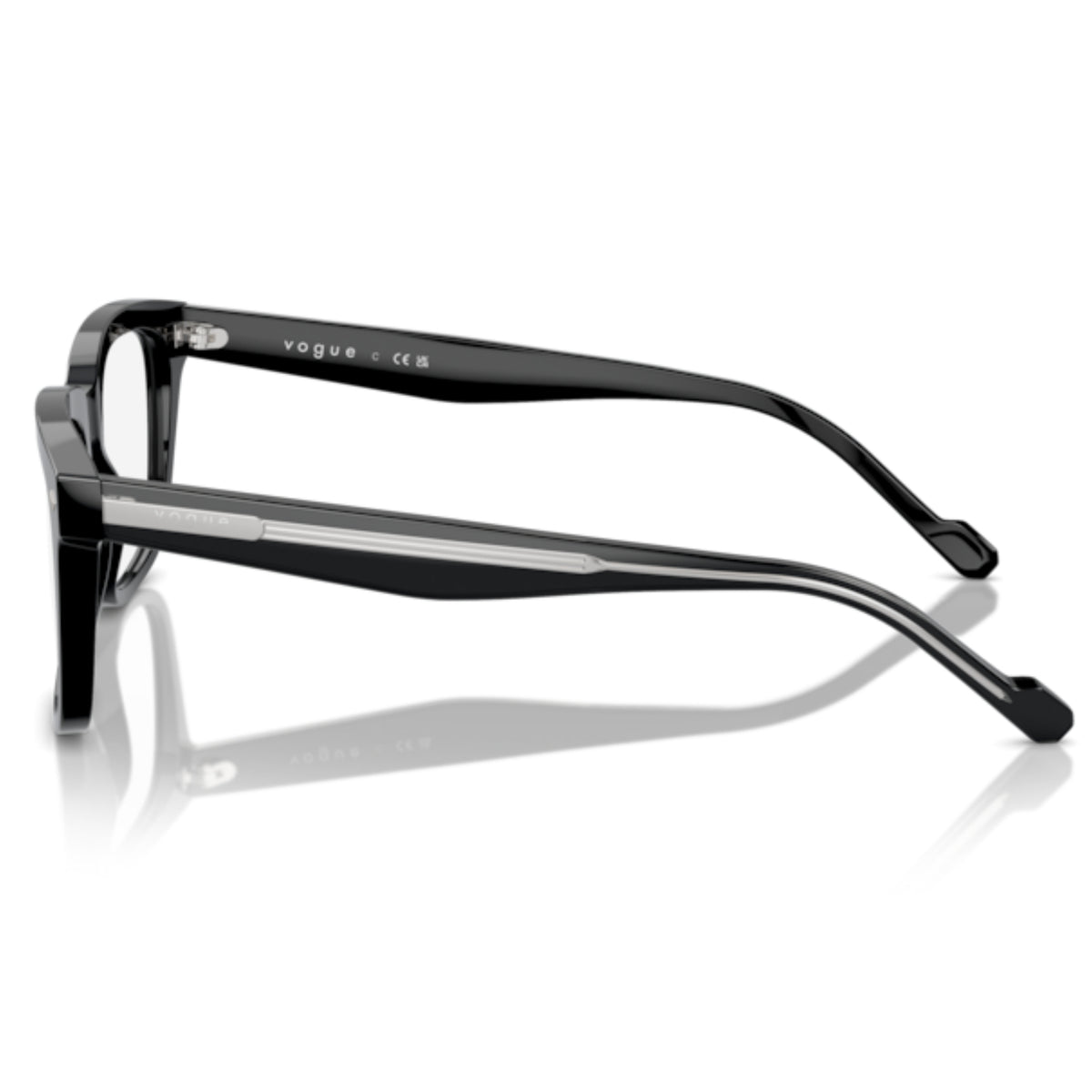 Vogue VO5572 black square eyeglasses, side view of the top crystal/black temple
