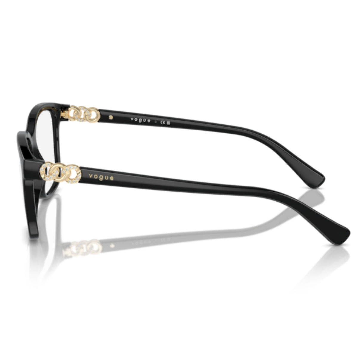 Vogue VO5574B black square eyeglasses, side view of the pale gold temple