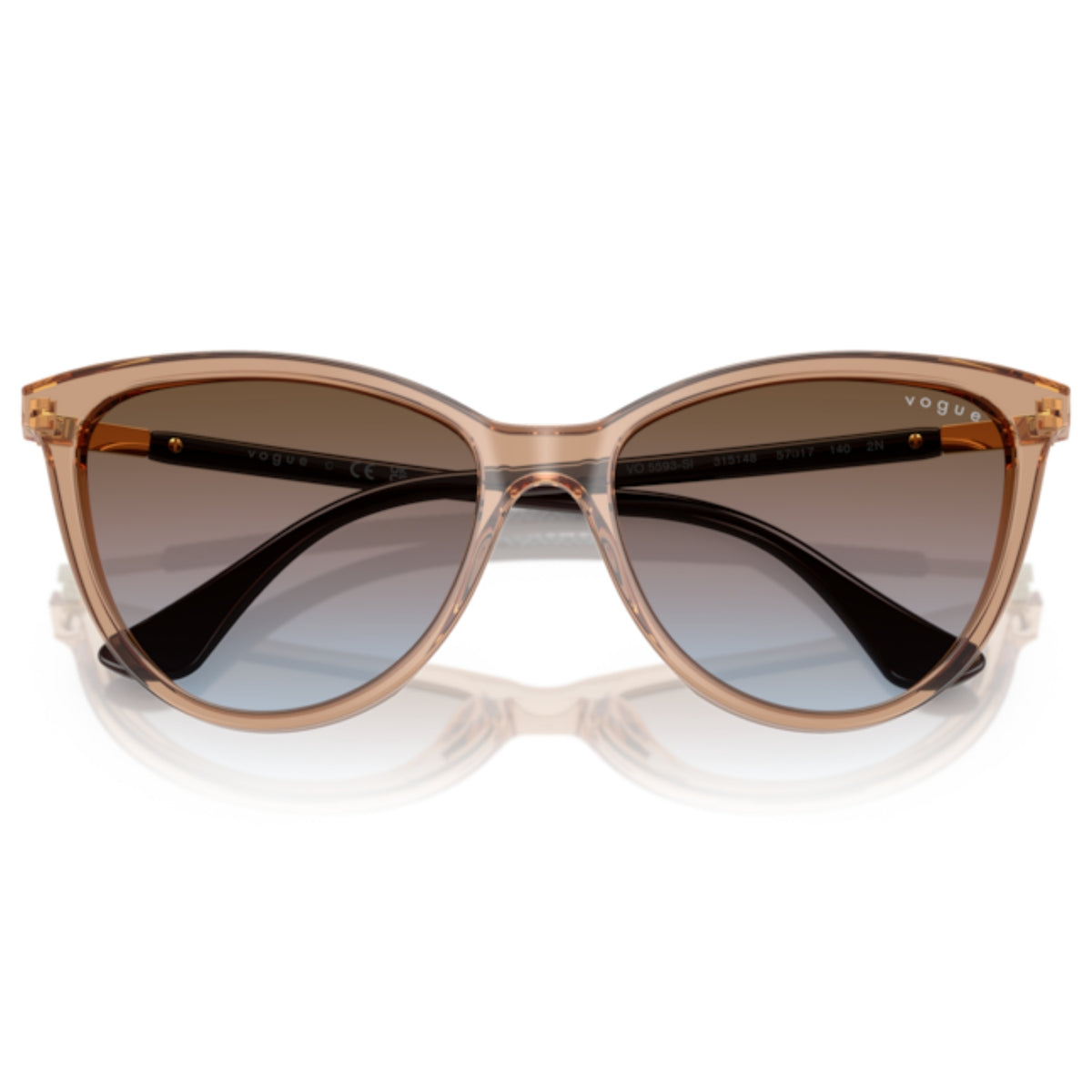 Vogue VO5593SI transparent brown cat-eye sunglasses, front view with the temples folded
