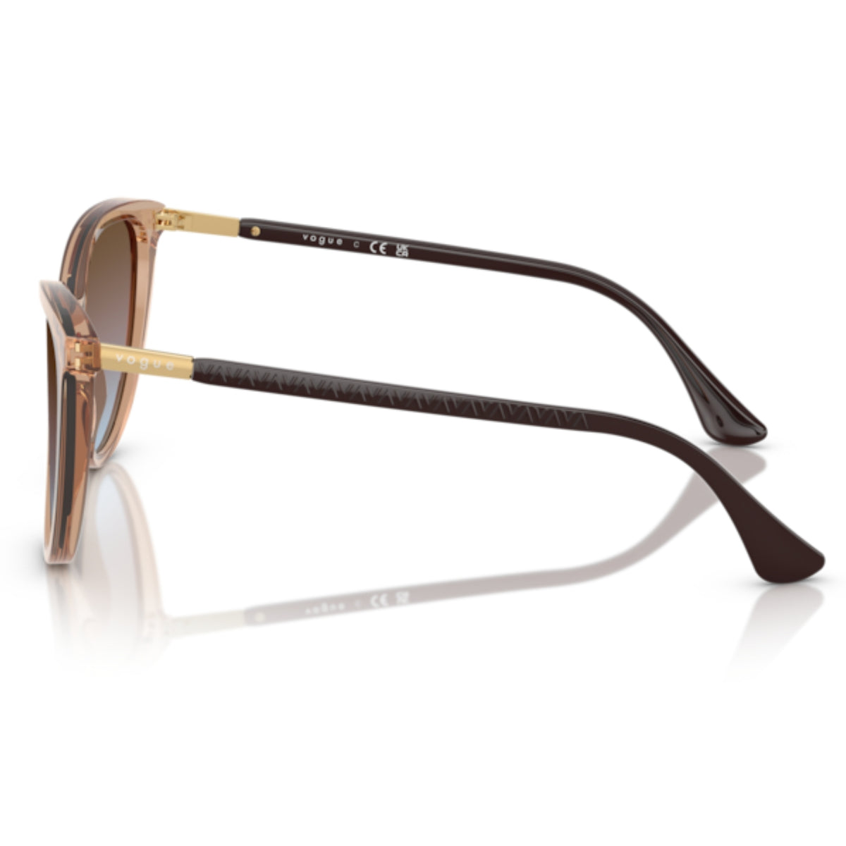 Vogue VO5593SI transparent brown cat-eye sunglasses, side view of the gold temple