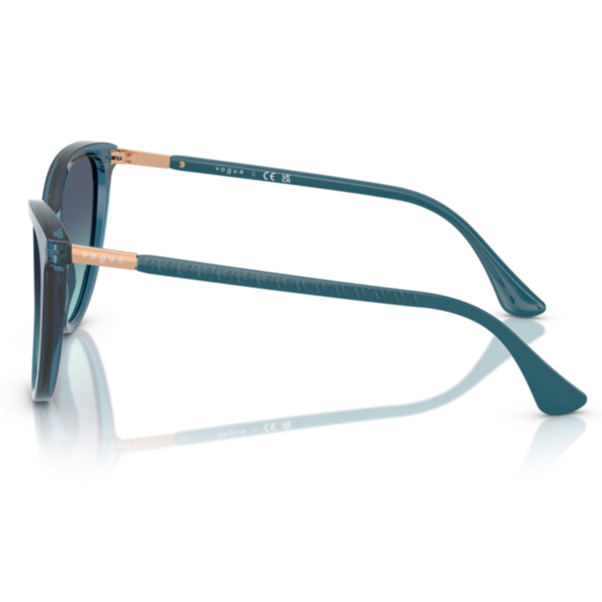 Vogue VO5593SI transparent octanium cat-eye sunglasses, side view of the rose gold temple