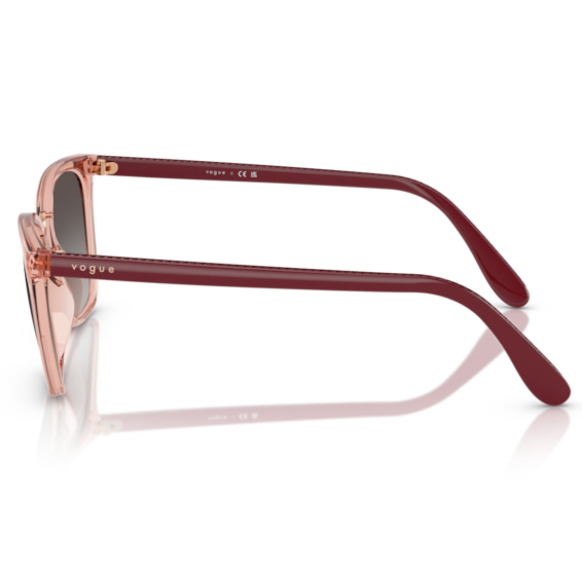 Vogue VO5597SI transparent pink rectangle sunglasses, side view of the full bordeaux temple