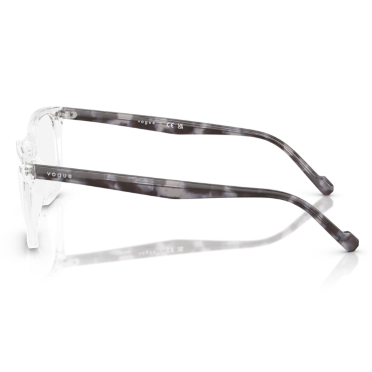 Vogue VO5617 transparent square eyeglasses, side view of the grey tortoise temple