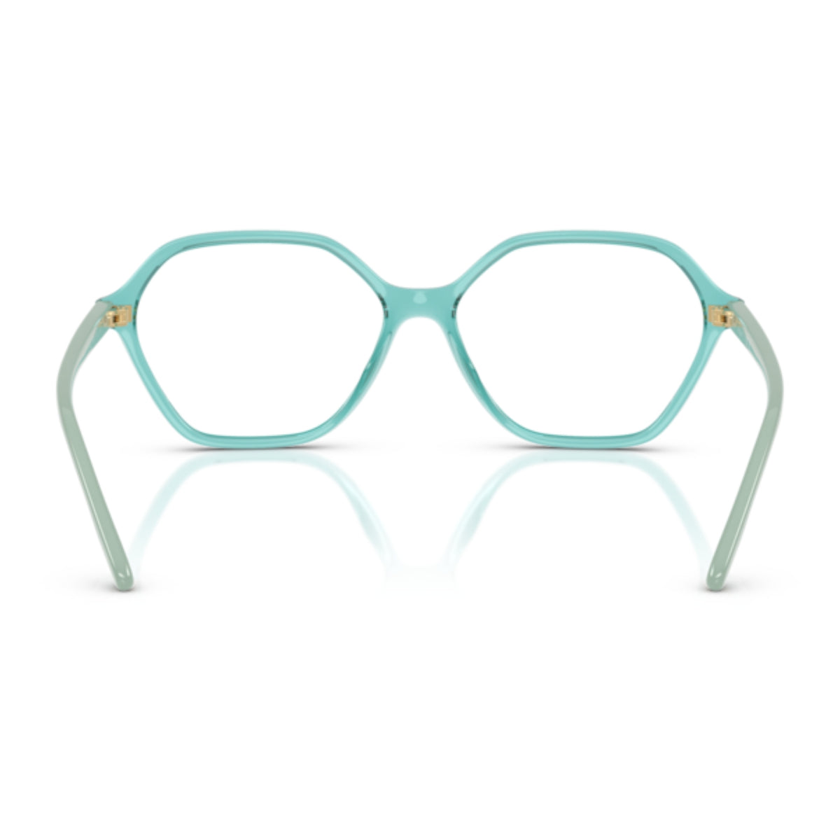 Vogue VO5622 transparent torquoise geometric eyeglasses, back view of the frame and temples