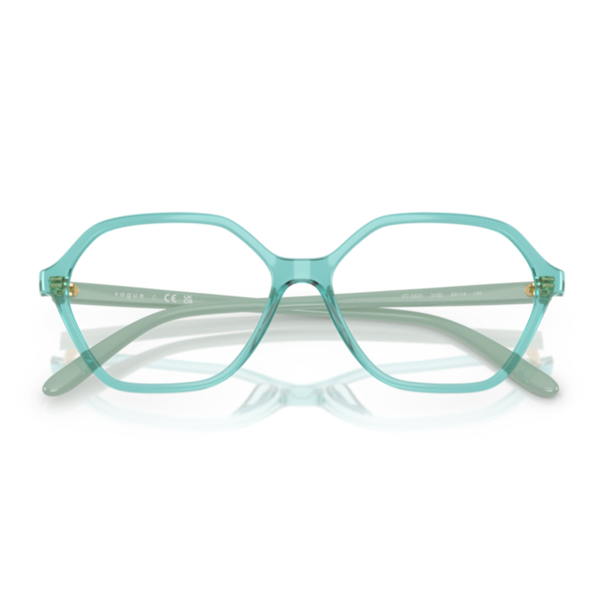 Vogue VO5622 transparent torquoise geometric eyeglasses, front view with the temples folded