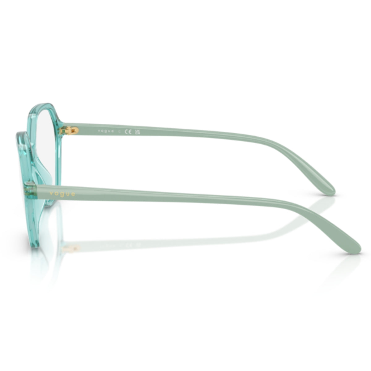 Vogue VO5622 transparent torquoise geometric eyeglasses, side view of the full sage temple