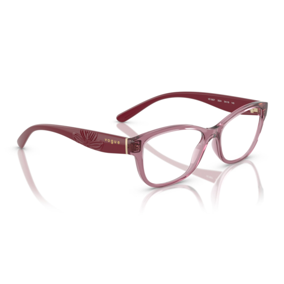 Vogue VO5627 transparent dark pink cat-eye eyeglasses, angled view