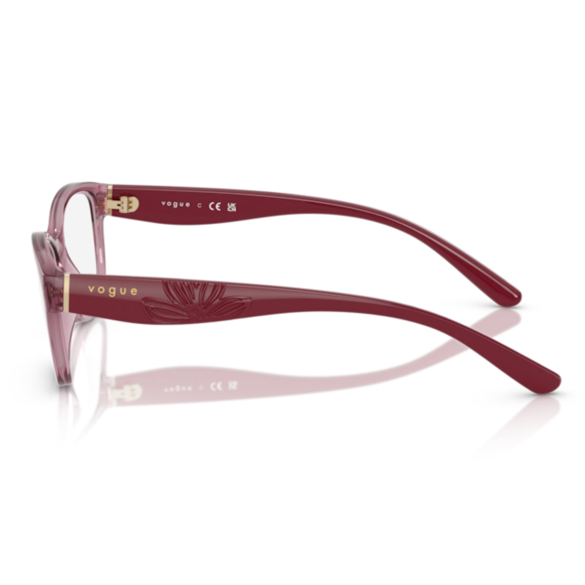 Vogue VO5627 transparent dark pink cat-eye eyeglasses, side view of the full cherry temple