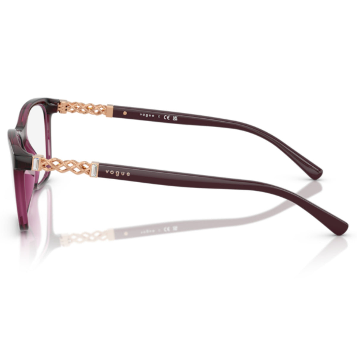 Vogue VO5632B transparent cherry square eyeglasses, side view of the full bordeaux temple