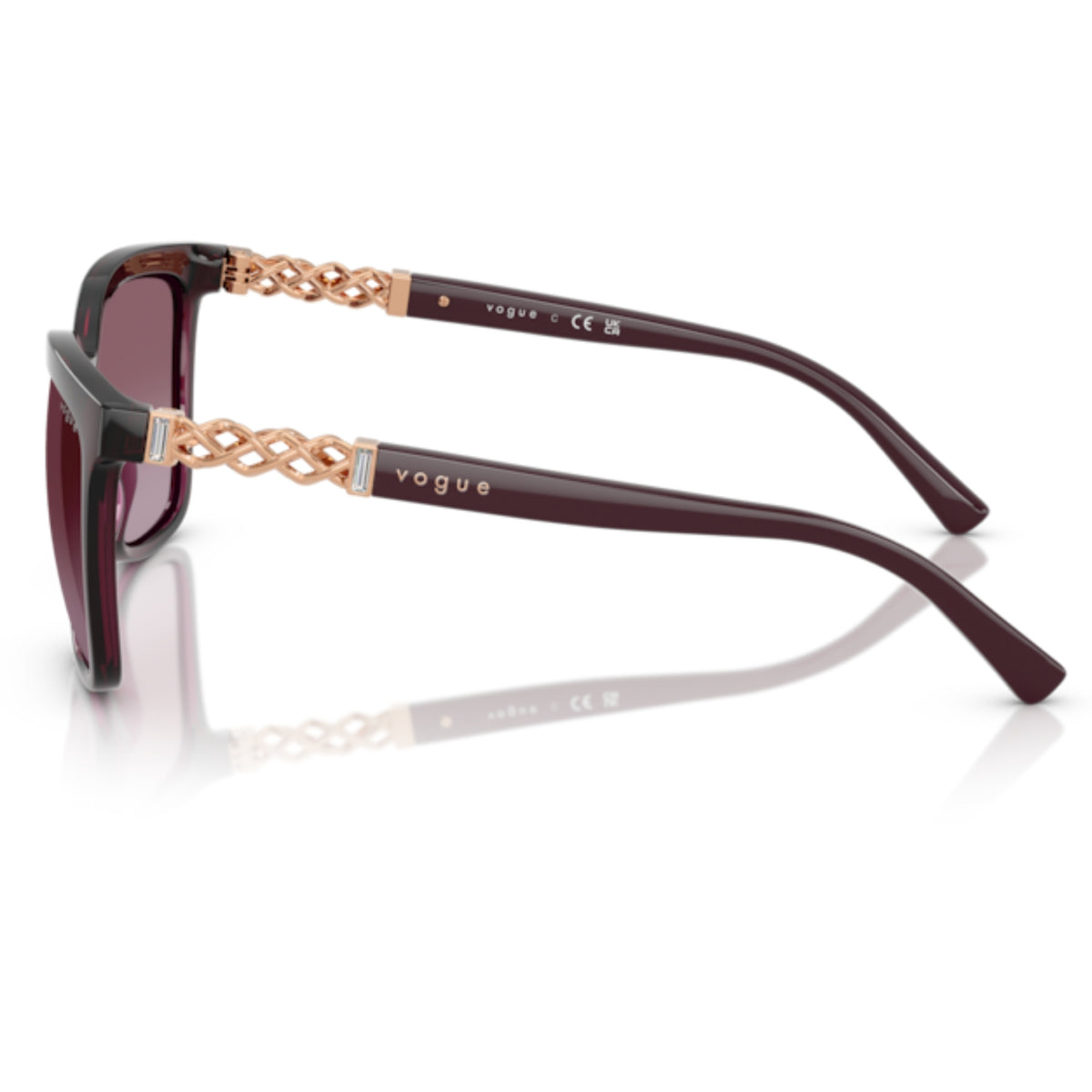Vogue VO5633SB transparent cherry square sunglasses, side view of the full bordeaux temple