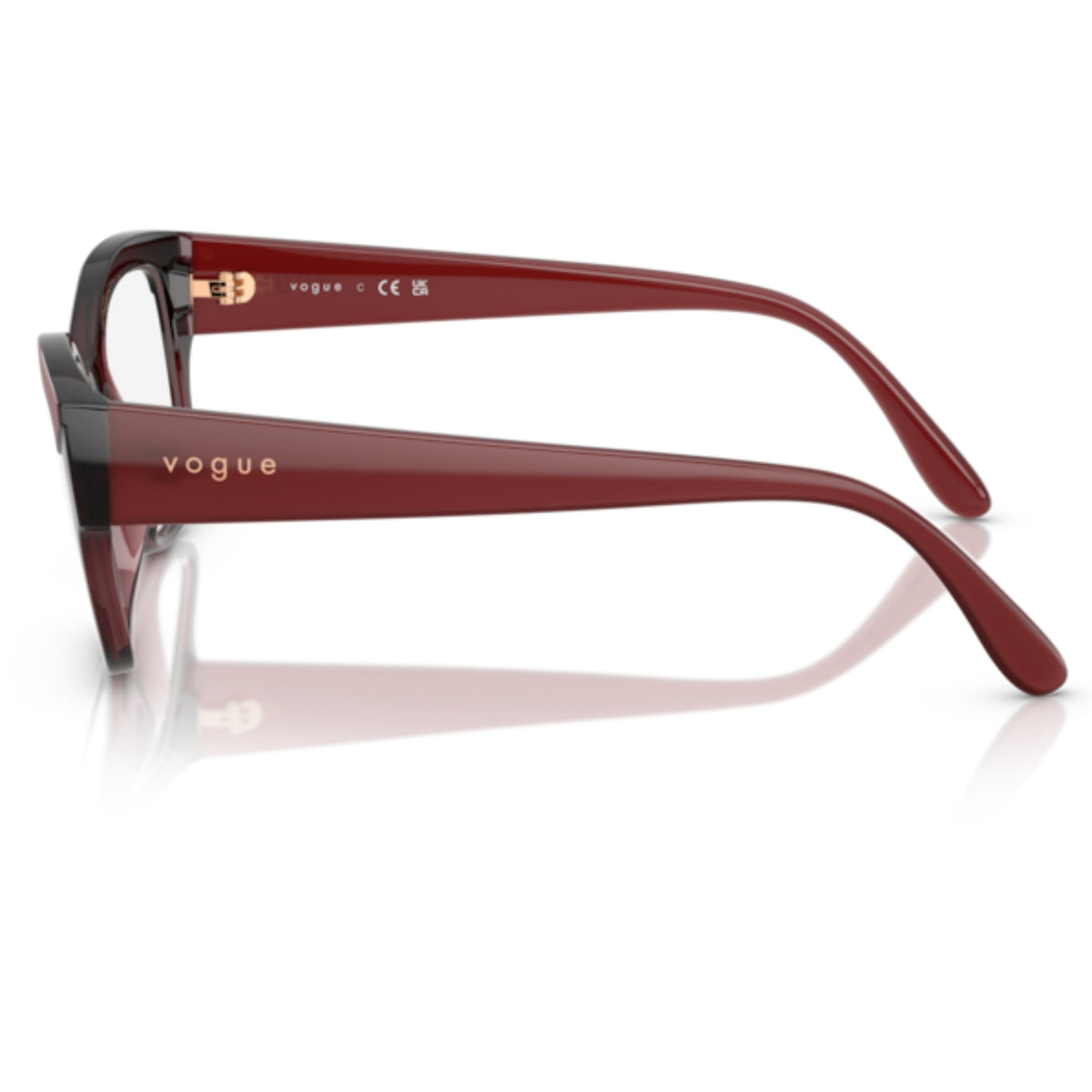 Vogue VO5635U top red/transparent red square eyeglasses, side view of the opal red temple