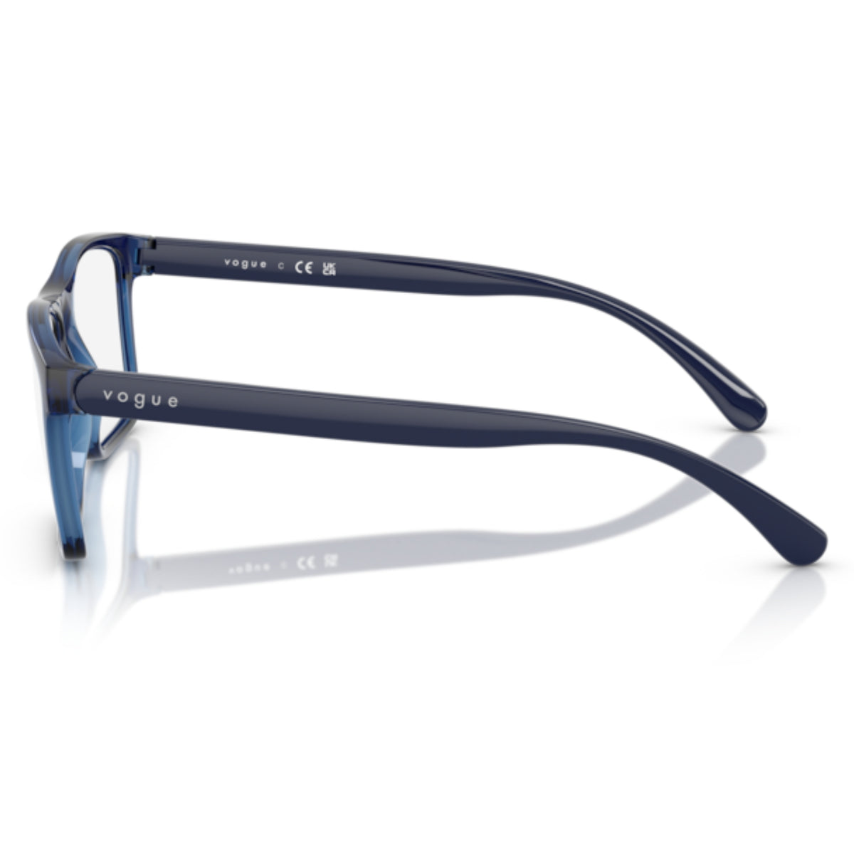 Vogue VO5645I transparent blue rectangle eyeglasses, side view of the full dark blue temple