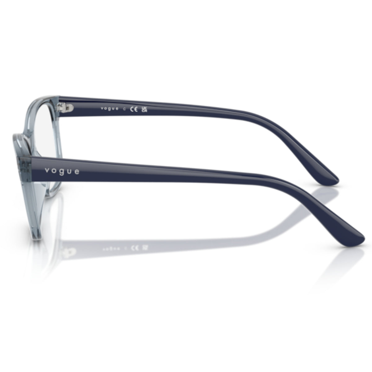Vogue VO5646I transparent light blue square eyeglasses, side view of the full dark blue temple