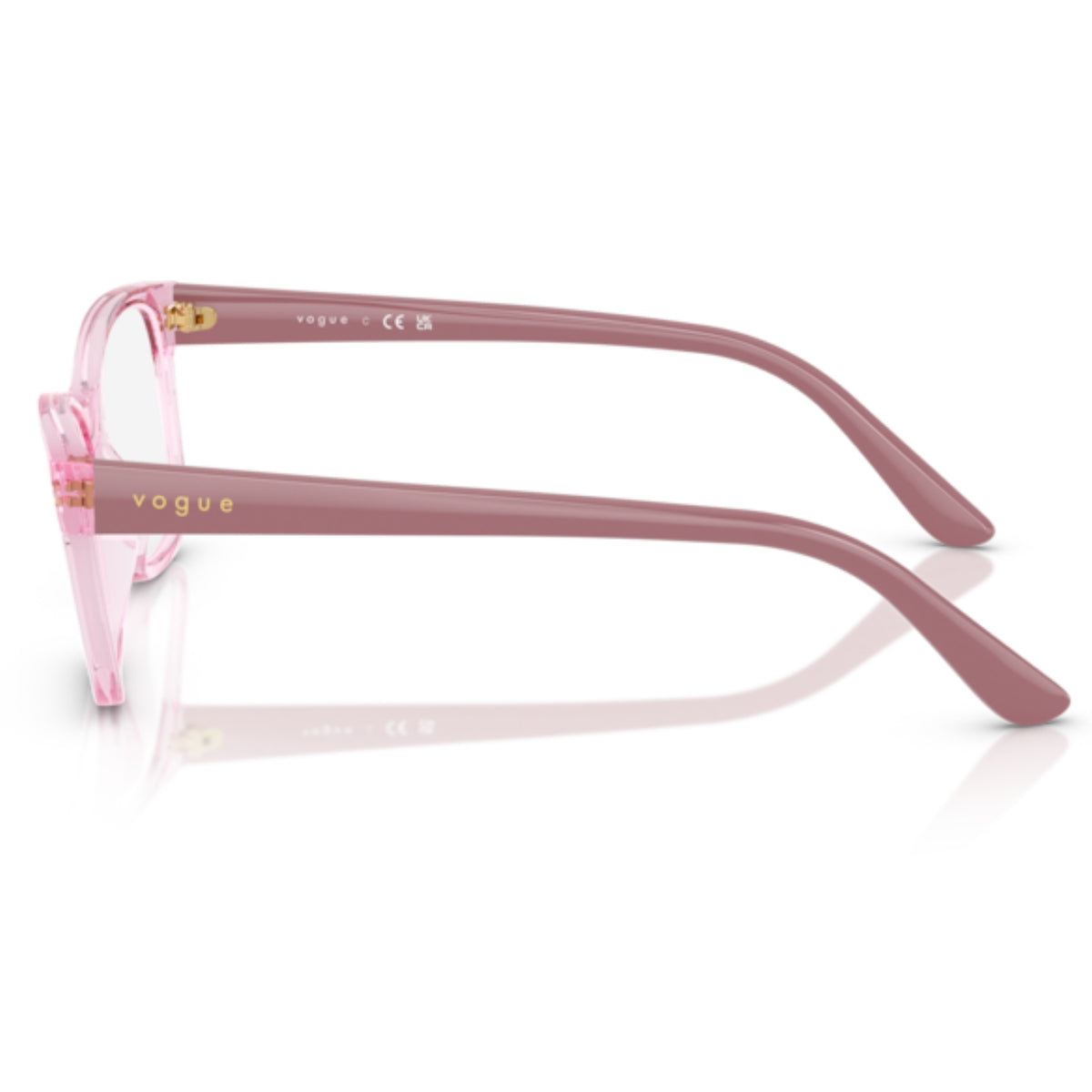 Vogue VO5646I transparent violet square eyeglasses, side view of the full old pink temple