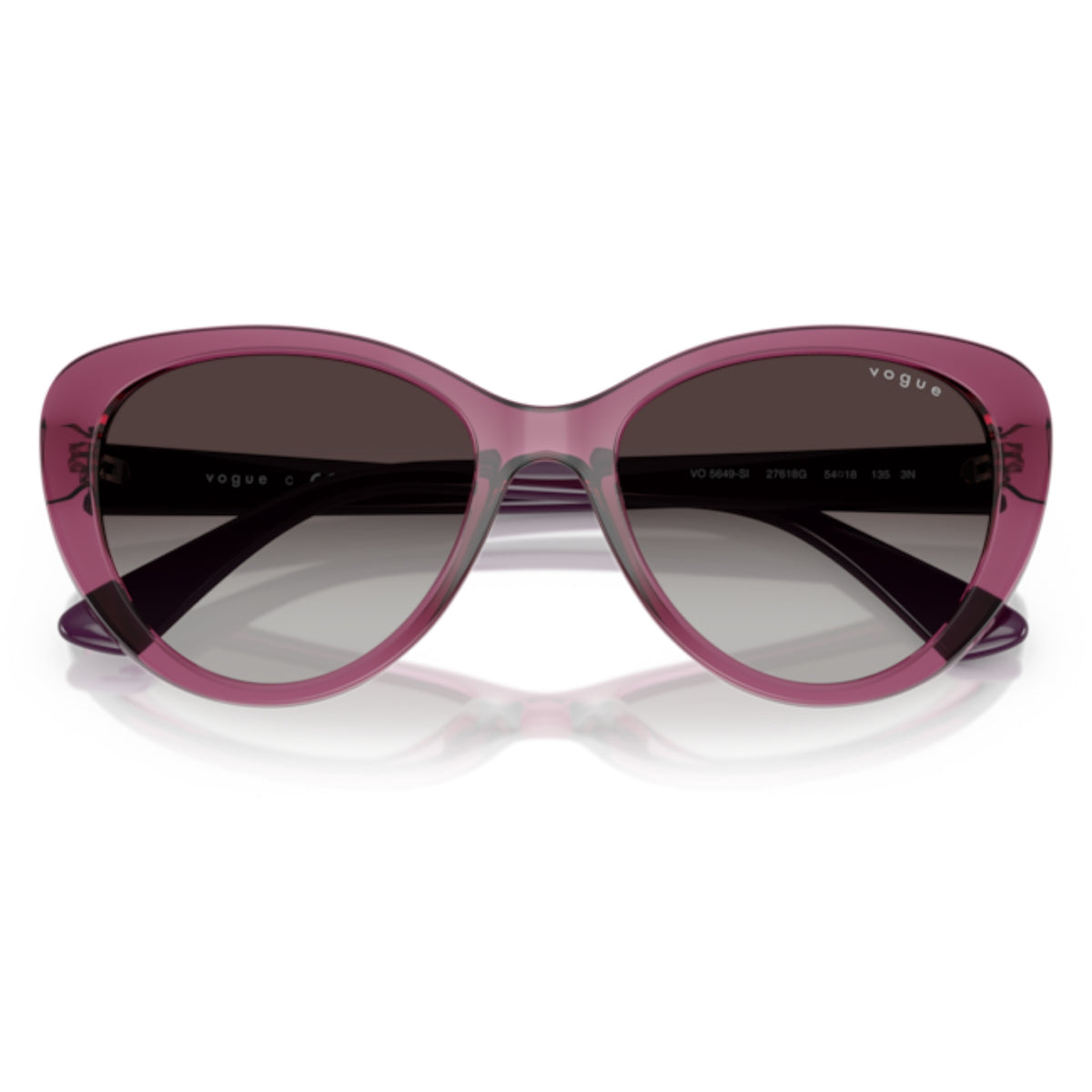 Vogue VO5649SI transparent purple cat-eye sunglasses, front view with the temples folded
