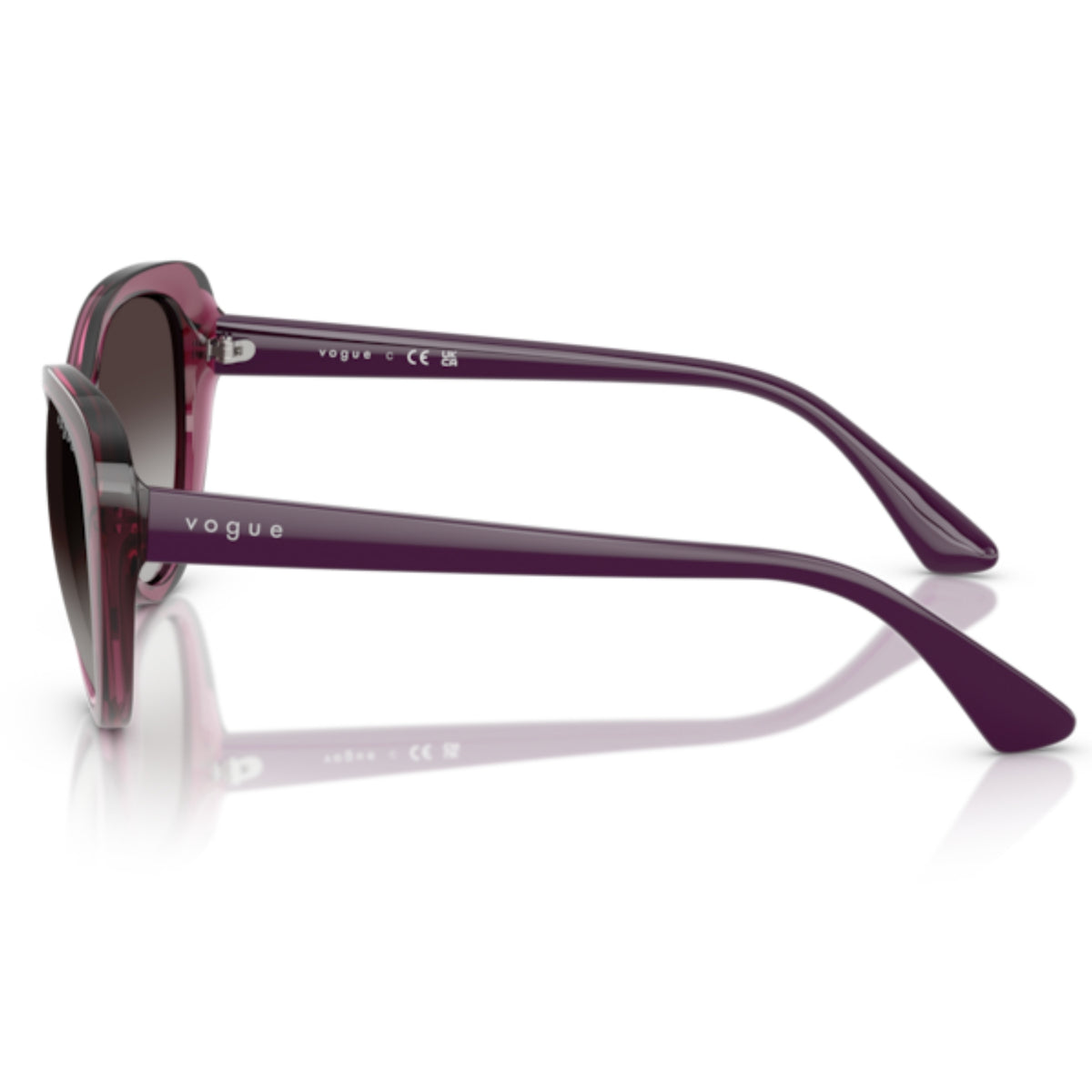 Vogue VO5649SI transparent purple cat-eye sunglasses, side view of the full dark purple temple