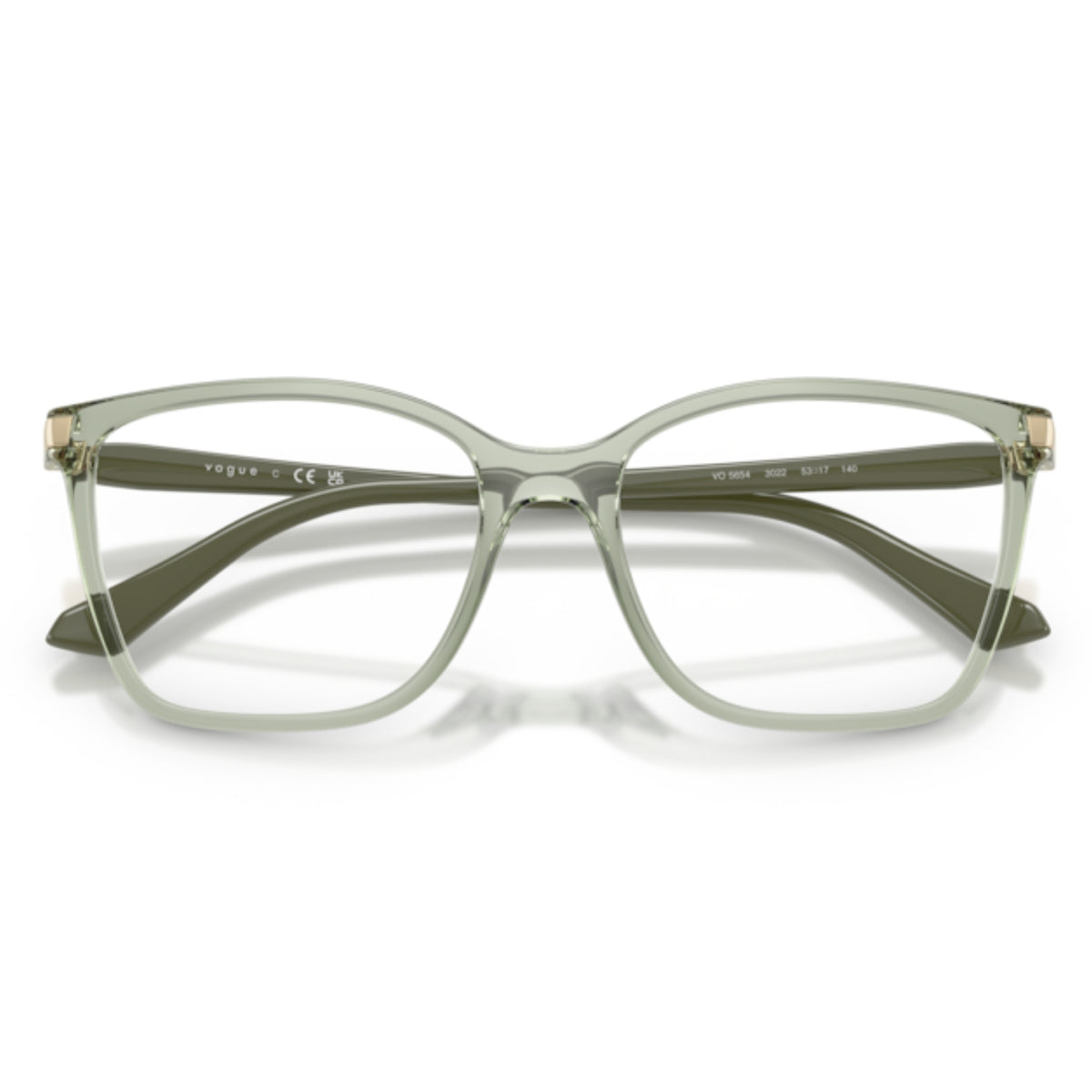 Vogue VO5654 transparent green square eyeglasses, front view with the temples folded