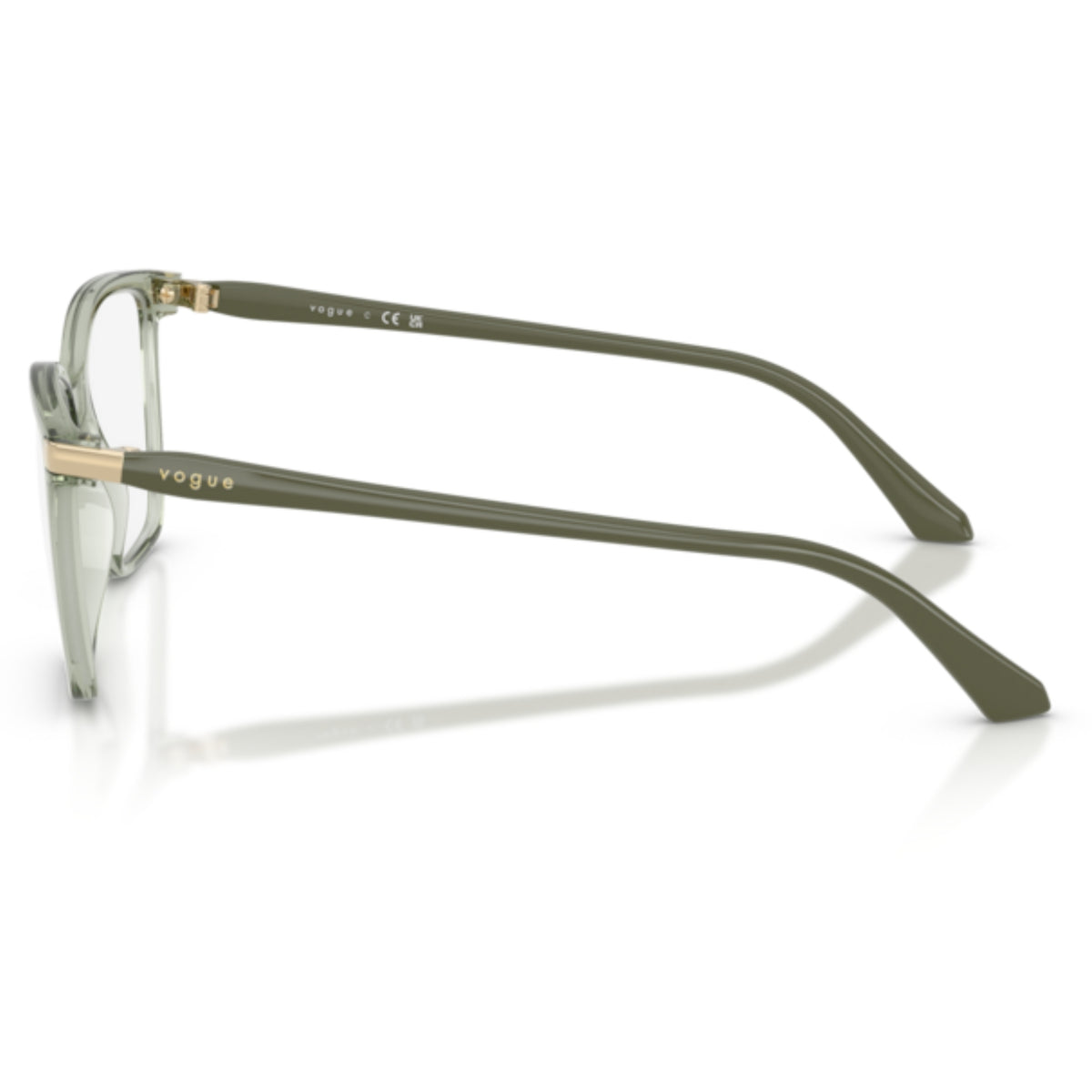 Vogue VO5654 transparent green square eyeglasses, side view of the full military green temple