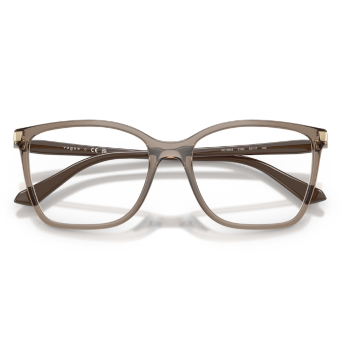 Vogue VO5654 transparent brown square eyeglasses, front view with the temples folded