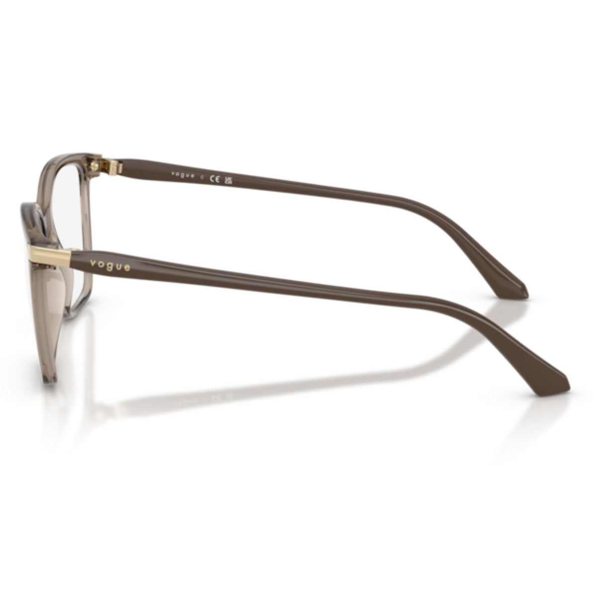 Vogue VO5654 transparent brown square eyeglasses, side view of the full brown temple