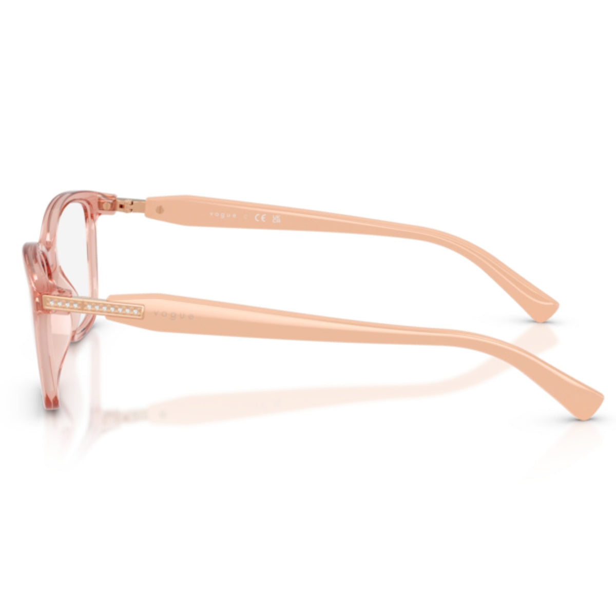 Vogue VO5680B transparent pink square eyeglasses, side view of the nude temple