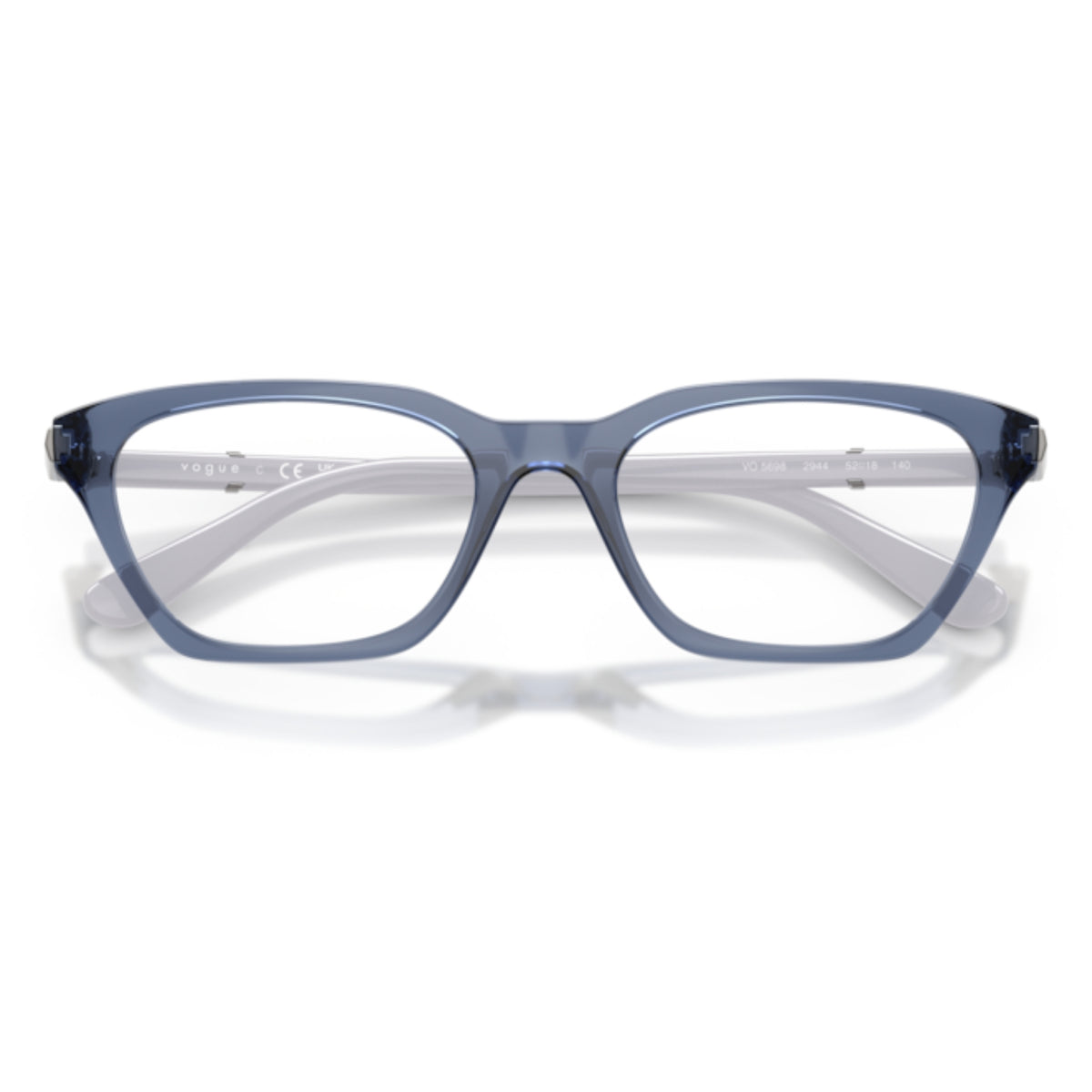 Vogue VO5698 transparent blue purple cat-eye eyeglasses, front view with the temples folded