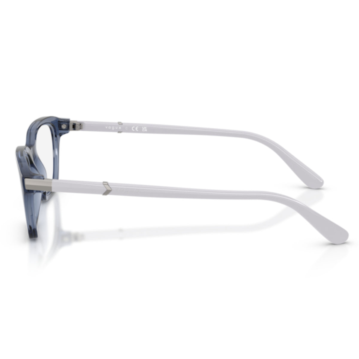 Vogue VO5698 transparent blue purple cat-eye eyeglasses, side view of the full wisteria temple