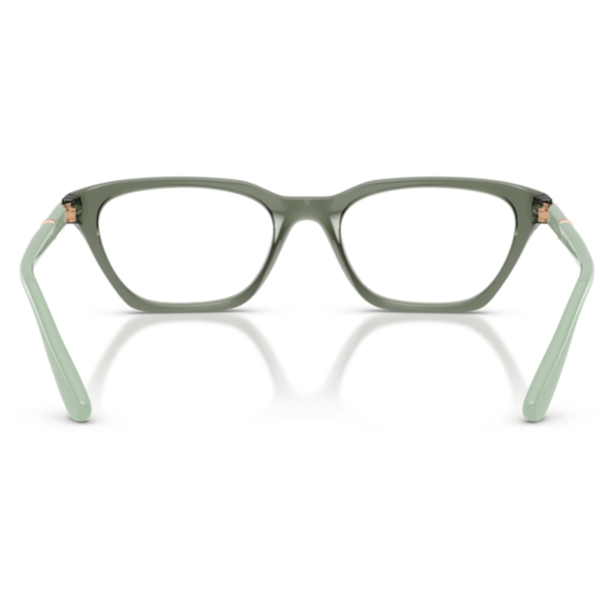 Vogue VO5698 transparent mallard green cat-eye eyeglasses, back view of the frame and temples
